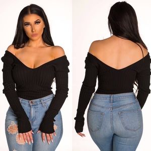 Black Off Shoulder Long Sleeve Bodysuit 🖤